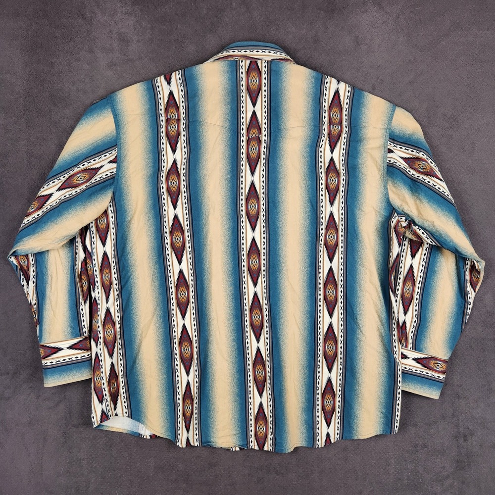 Vintage Wrangler Western Shirt Mens 2XL Blue Tan Southwestern Aztec Pearl Snap - Picture 2 of 7